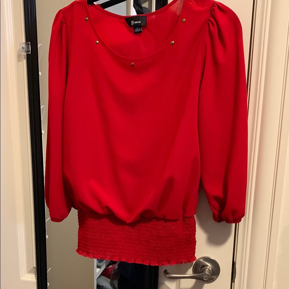 Red Embellished Blouse with Puff Sleeves